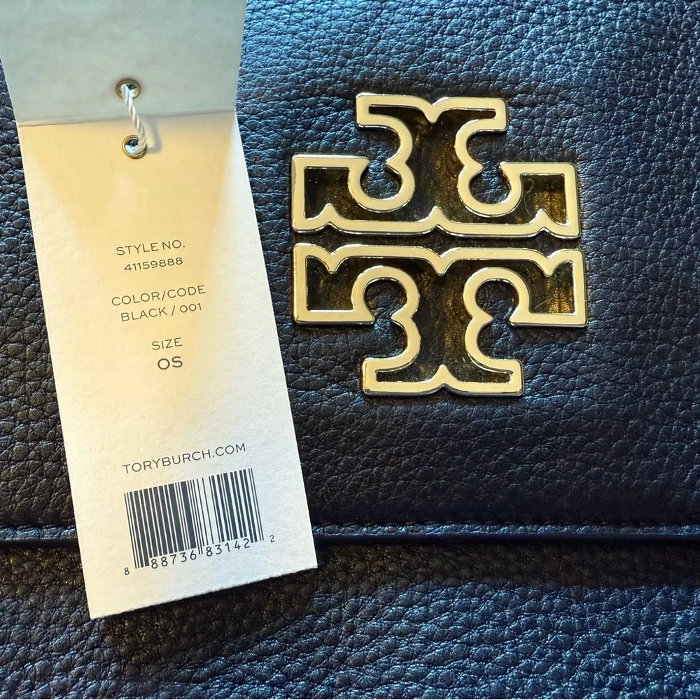 Tory Burch Britten Fold Over Messenger Black Leather Crossbody Purse - Picture 5 of 16